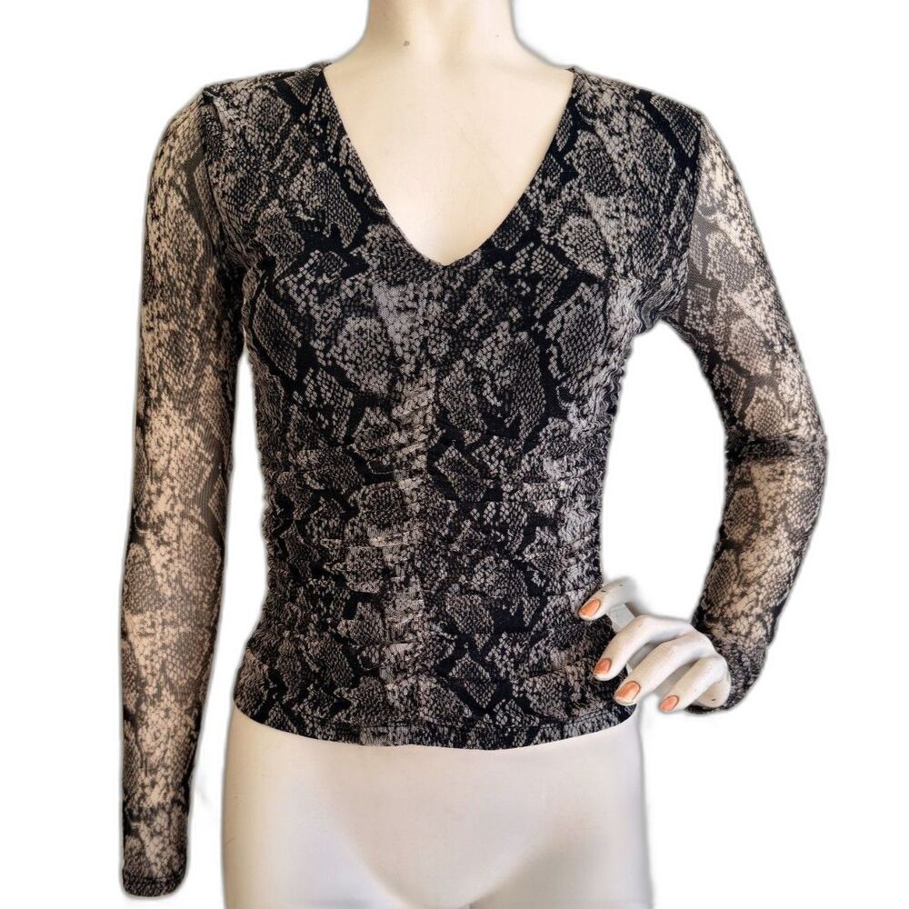 TEN SIXTY SHERMAN Y2K Mesh Top Black Snake Print Sheer Long Sleeve Size S